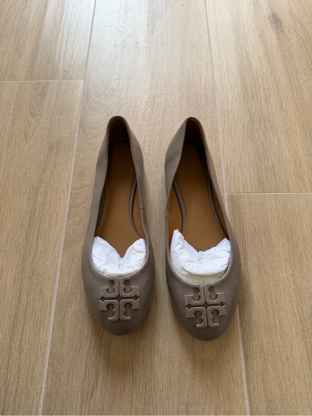 Tory Burch Taupe Leather Logo Ballet Flats